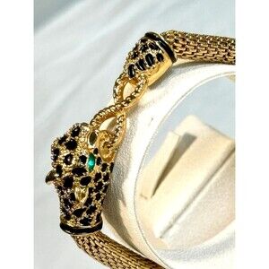 Vintage Double Leopard Panther Mesh Bracelet Green Eyes Gold Tone Statement